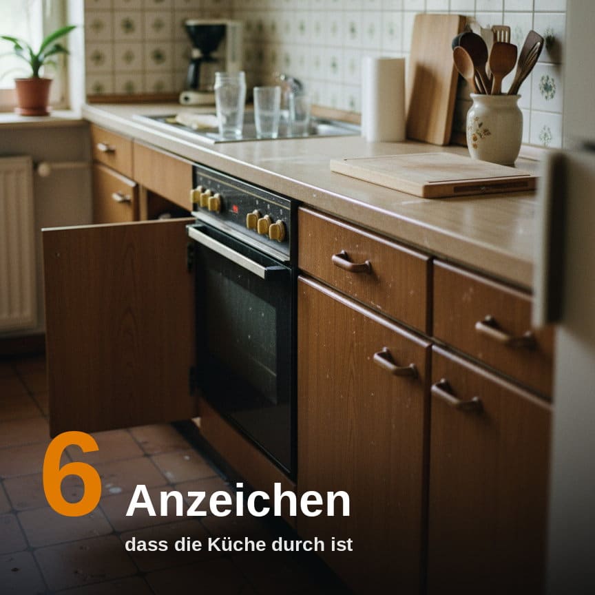 Alte Einbauküche aus den 1990er Jahren mit geöffneter Schranktür und abgenutzter Arbeitsplatte